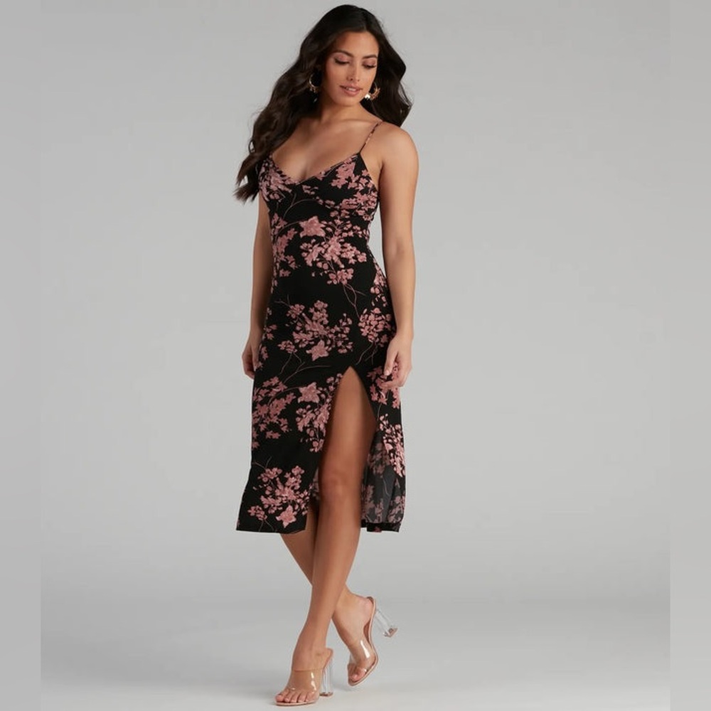 WINDSOR CHERRY BLOSSOM SLIT MIDI DRESS